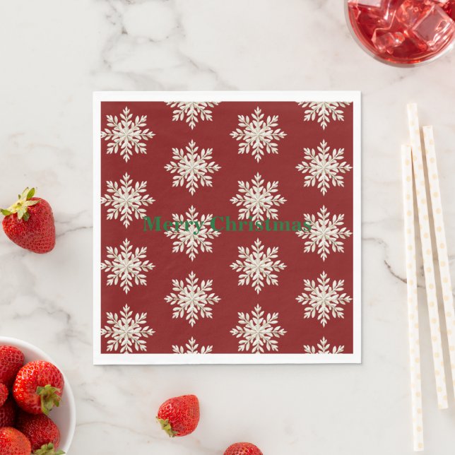 Cream Snowflake Red Christmas Napkins (Insitu)