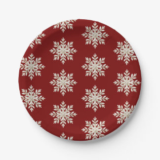Cream Snowflake Red Christmas Paper Plates