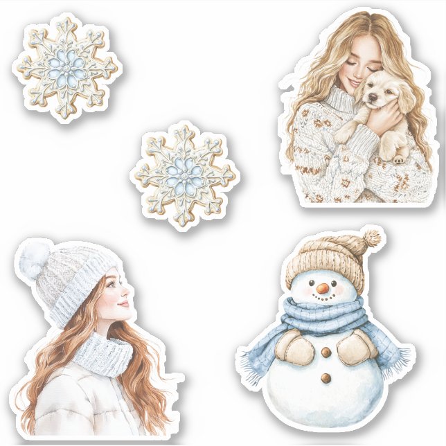 Cream Snowflakes Blue Christmas Girl Snowman Dog Sticker (Front)