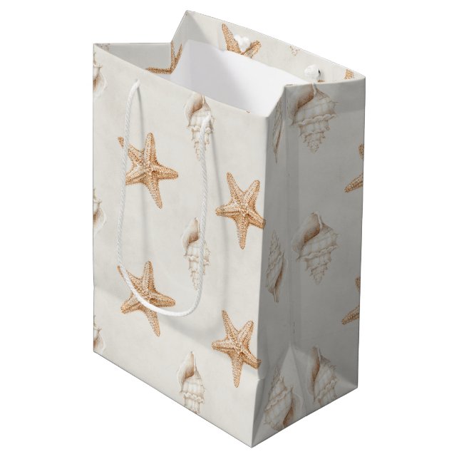 Cream Starfish Shells Beach Wedding Medium Gift Bag (Front Angled)