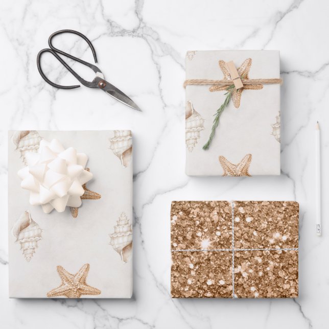 Cream Starfish Shells Beach Wedding Wrapping Paper Sheets (Front)