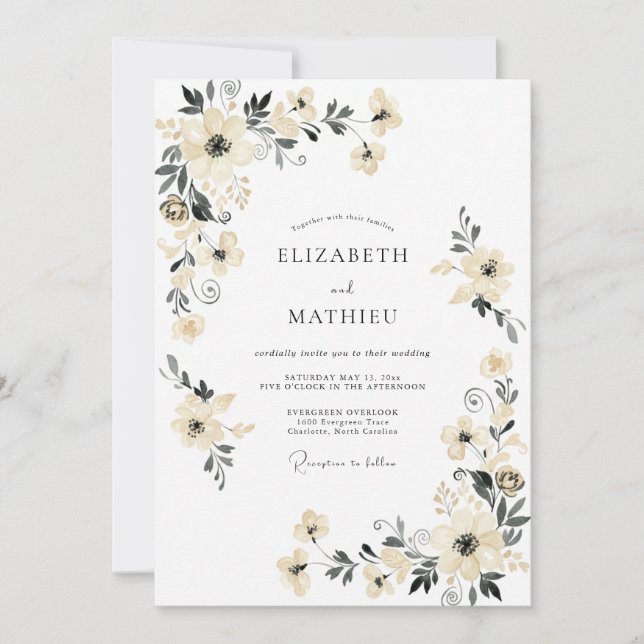 Cream Stately Botanical Wedding Invitation (Front)
