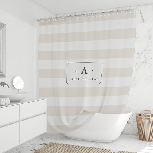 Cream Stripe Family Name  Monogram Shower Curtain