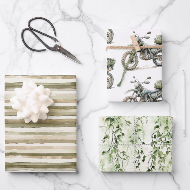 Cream Stripes Motorcycle Ivy Jungle Birthday Wrapping Paper Sheets (Front)