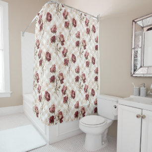 Cream Stripes Red Roses Flowers Shower Curtain
