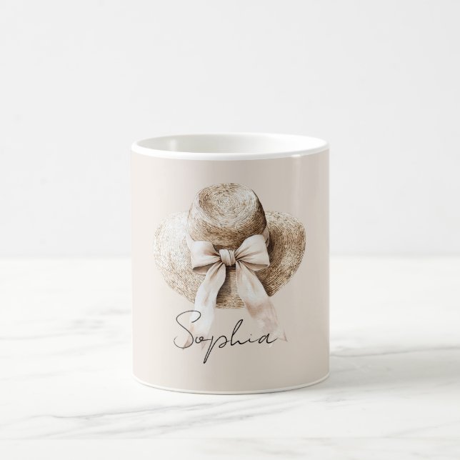 Cream Summer Hat Pretty Blush Bow Coffee Mug (Center)