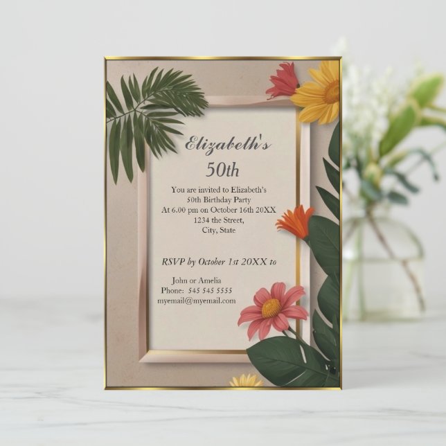  Cream Summertime 50th Birthday Party  Invitation (Standing Front)