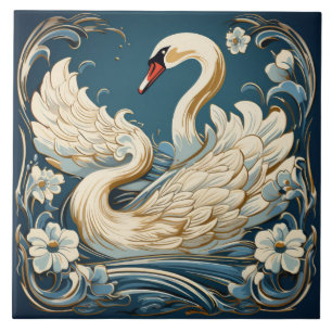 Cream Swan and Pale Flowers on Teal Ceramic Tile
