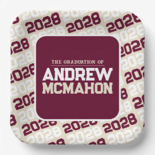 Cream Tan and Burgundy Personalized Graduation Paper Plates