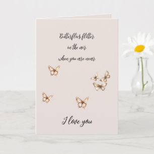 Cream Tan Brown Butterflies with Hearts Love Card