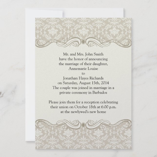 Cream Tan Damask Swirls Post Wedding Invitation (Front)