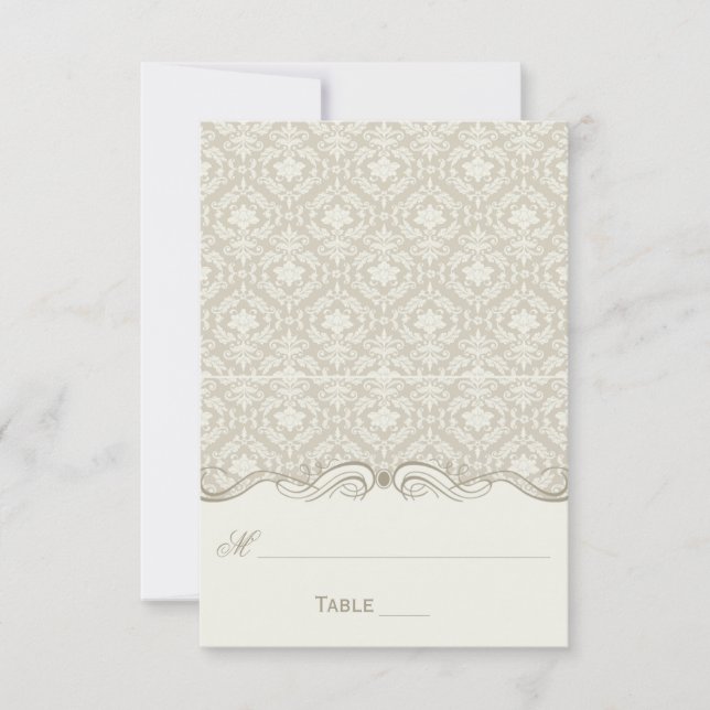 Cream Tan Ivory Damask Swirls Folded Place Cards (Front)