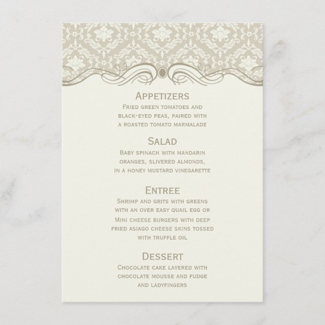 Cream Tan Ivory Damask Swirls Menu Card (Front)