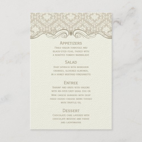Cream Tan Ivory Damask Swirls Menu Card