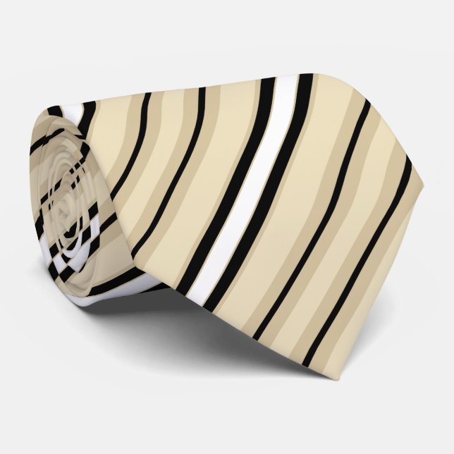 Cream Tan Taupe Beige Black Stripe Pattern Neck Tie (Rolled)