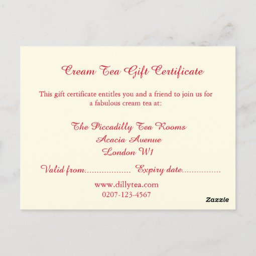 Cream Tea Gift Certificate Postcard Zazzle