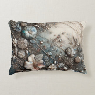 Cream Teal 3D Sculptural Botanical Floral Accent Pillow