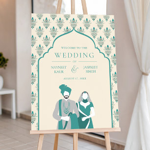 Cream Teal Arch Indian Wedding Welcome Sign