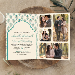 Cream Teal Ikat All in One Indian Wedding Invitation