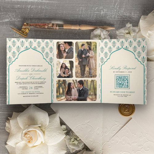 Cream Teal Ikat All in One Indian Wedding Tri_Fold Invitation