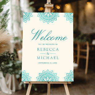 Cream Teal Mandala Indian Wedding Welcome Sign