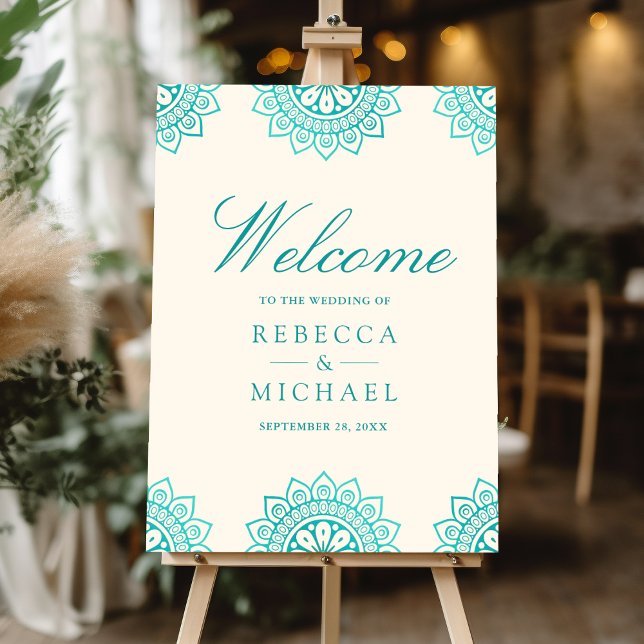 Cream Teal Mandala Indian Wedding Welcome Sign (Creator Uploaded)