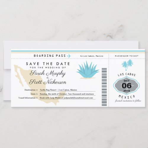 Cream Teal Mexico Save the Date Boarding Pass