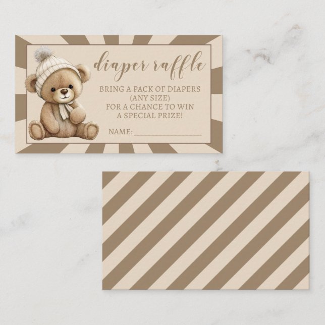 Cream teddy bear diaper raffle baby shower cards (Front/Back)
