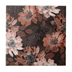 Cream, teracote flowers on a dark brown background ceramic tile