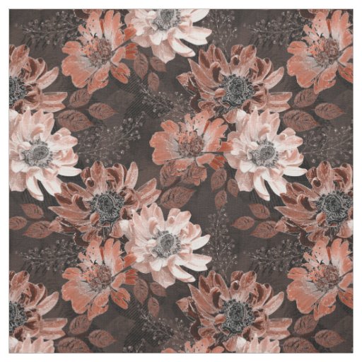 Cream, teracote flowers on a dark brown background fabric