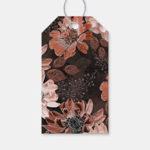 Cream, teracote flowers on a dark brown background gift tags