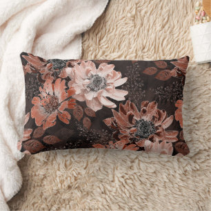 Cream, teracote flowers on a dark brown background lumbar pillow
