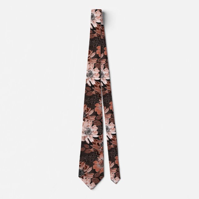 Cream, teracote flowers on a dark brown background neck tie (Front)