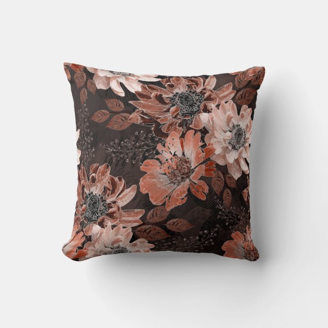Cream, teracote flowers on a dark brown background throw pillow (Front)