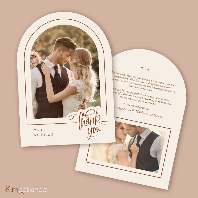 Cream Terracotta 2 Photo Wedding Thank You Card (Front + Back | 5" x 7" invitation with Arch Corner Type)