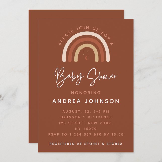 Cream & Terracotta Boho Rainbow Moon Baby Shower I Invitation (Front/Back)