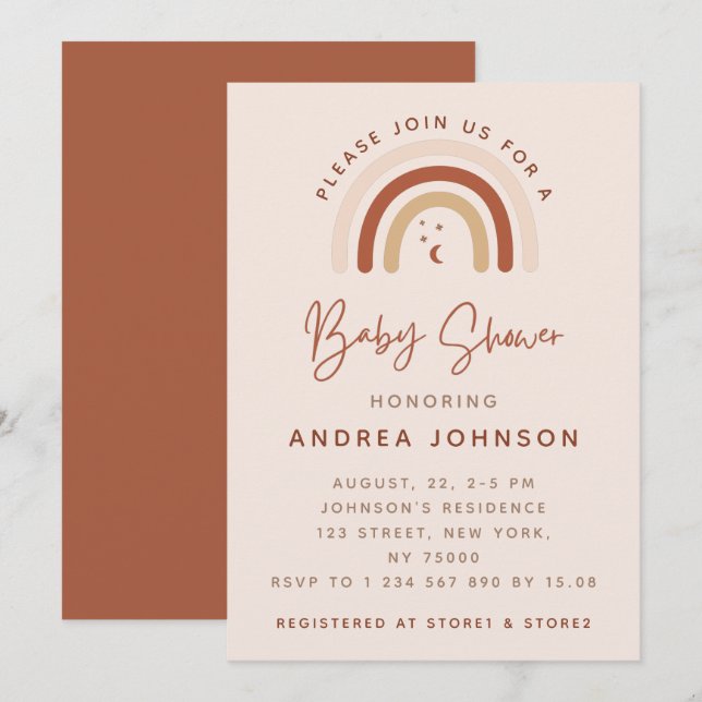 Cream & Terracotta Boho Rainbow Moon Baby Shower Invitation (Front/Back)
