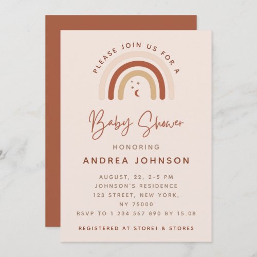 Cream  Terracotta Boho Rainbow Moon Baby Shower Invitation