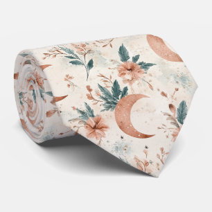 Cream Terracotta Crescent Moon Floral Celestial Neck Tie