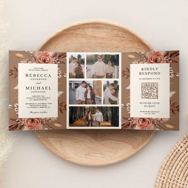 Cream Terracotta Floral QR Code Beige Tan Wedding Tri-Fold Invitation (Creator Uploaded)
