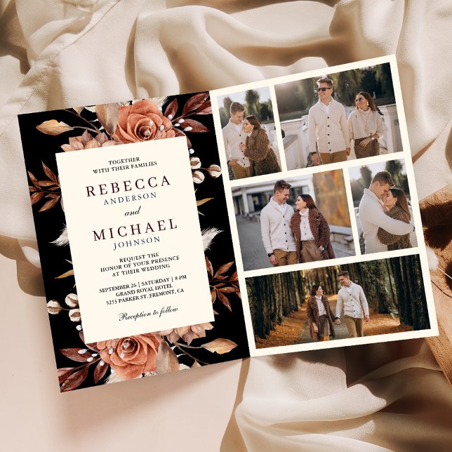 Cream Terracotta Floral QR Code Black Wedding Invitation (Creator Uploaded)