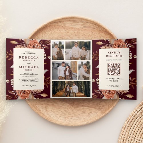 Cream Terracotta Floral QR Code Burgundy Wedding Tri_Fold Invitation