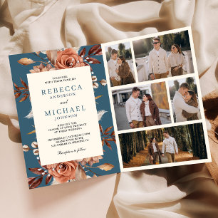 Cream Terracotta Floral QR Code Dusty Blue Wedding Invitation