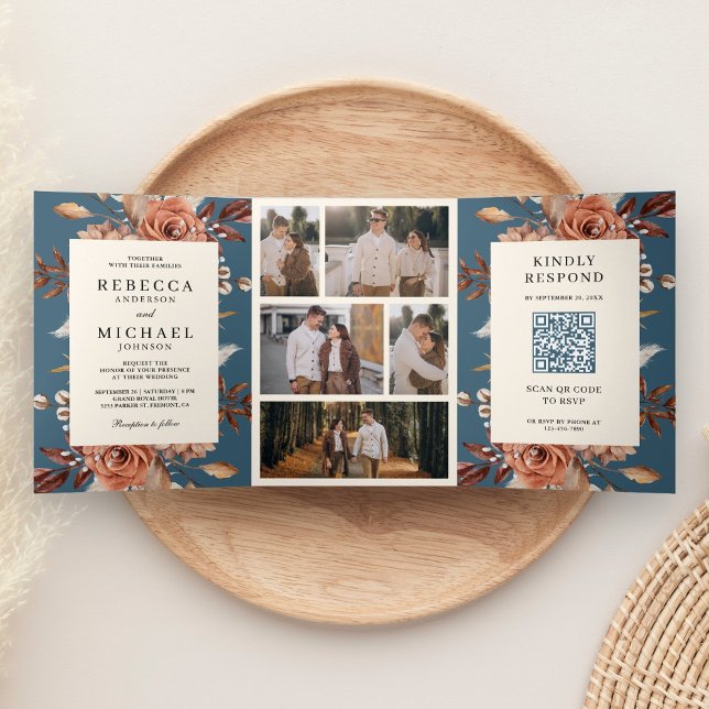 Cream Terracotta Floral QR Code Dusty Blue Wedding Tri-Fold Invitation (Creator Uploaded)