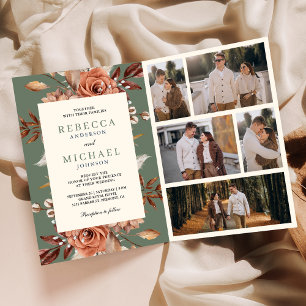 Cream Terracotta Floral QR Code Sage Green Wedding Invitation