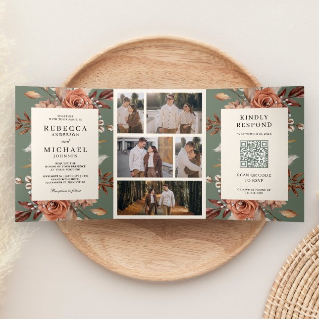 Cream Terracotta Floral QR Code Sage Green Wedding Tri-Fold Invitation (Creator Uploaded)