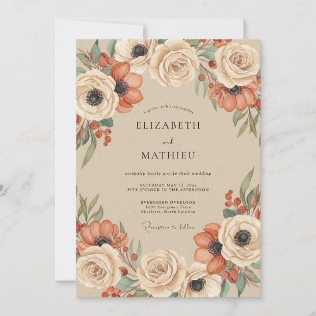 Cream Terracotta Floral Romance Wedding Invitation (Front)