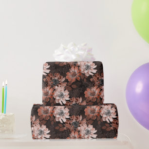 Cream, terracotta flowers on a dark brown wrapping paper