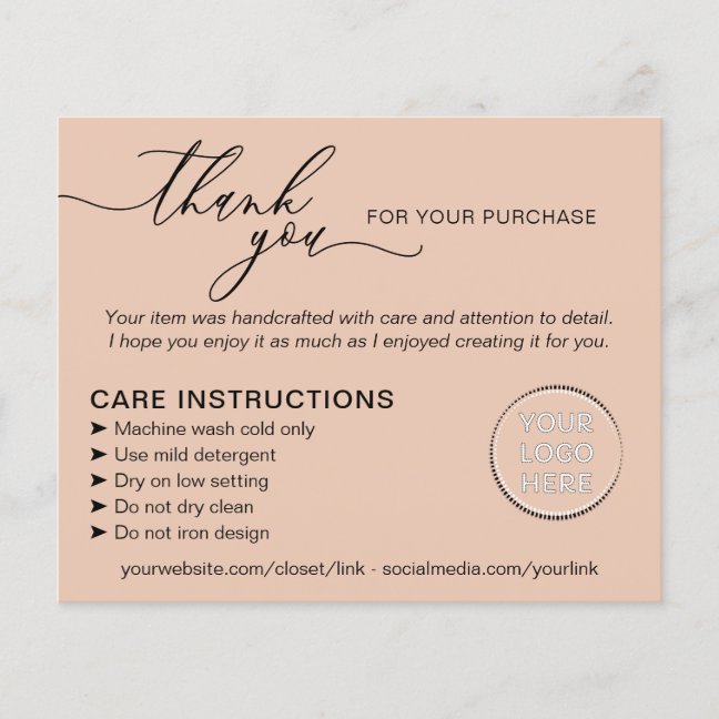 Cream Thank you Wash Care Instructions Advice Flyer