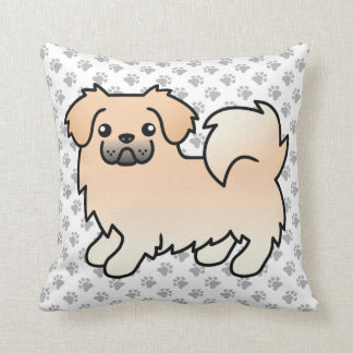 Cream Tibetan Spaniel Cute Cartoon Dog &amp; Paws Throw Pillow